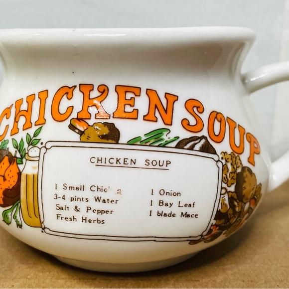 VTG Chicken Soup Recipe Mug Ceramic Orange Writing 4” W X 3 1/2” H Set Of Two - Picture 2 of 6